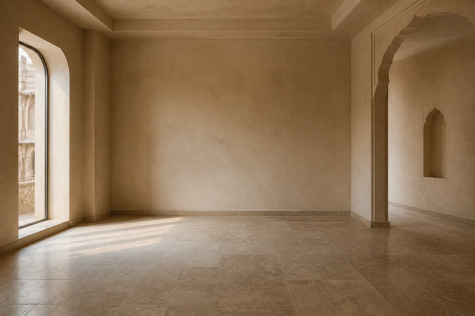 Art-directed empty hotel interior with a separate published Poonam bed product plate