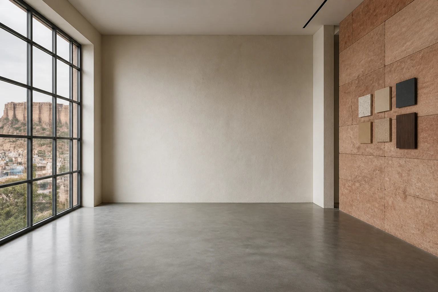 Art-directed empty specification interior with a separate published Poonam dining-set product plate