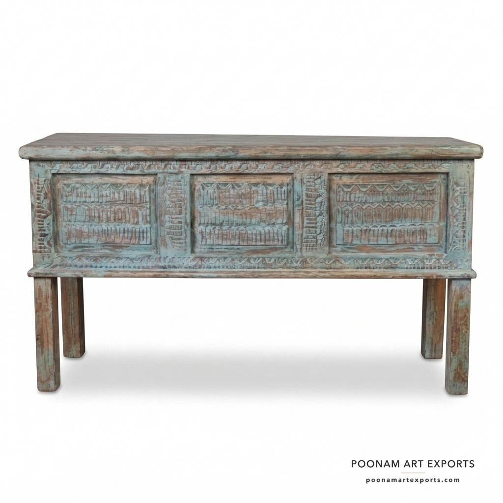 Indian Carved Distress Finish Console Table